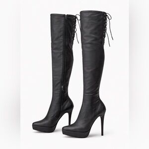 Devious Black Leather Over-the-Knee Platform Stiletto Boots – Size 7 🖤